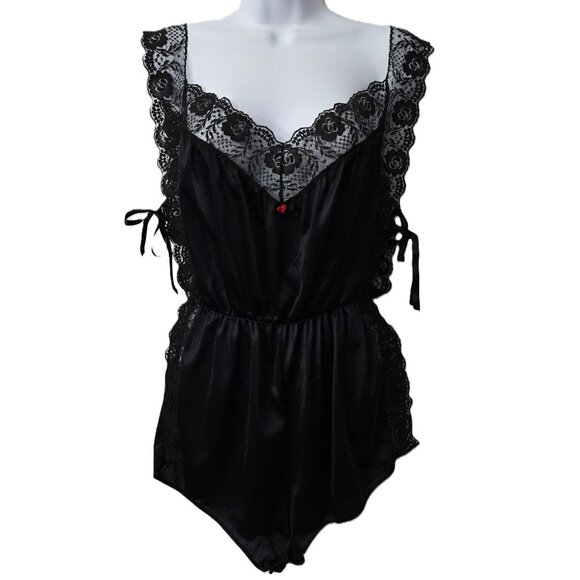 Unbranded Other - Vintage Nylon Lingerie Teddy Romper L Floral Lace Rosette Ties Black 80s 90s